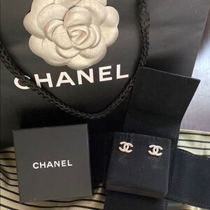 CHANEL Silver Logo Earrings